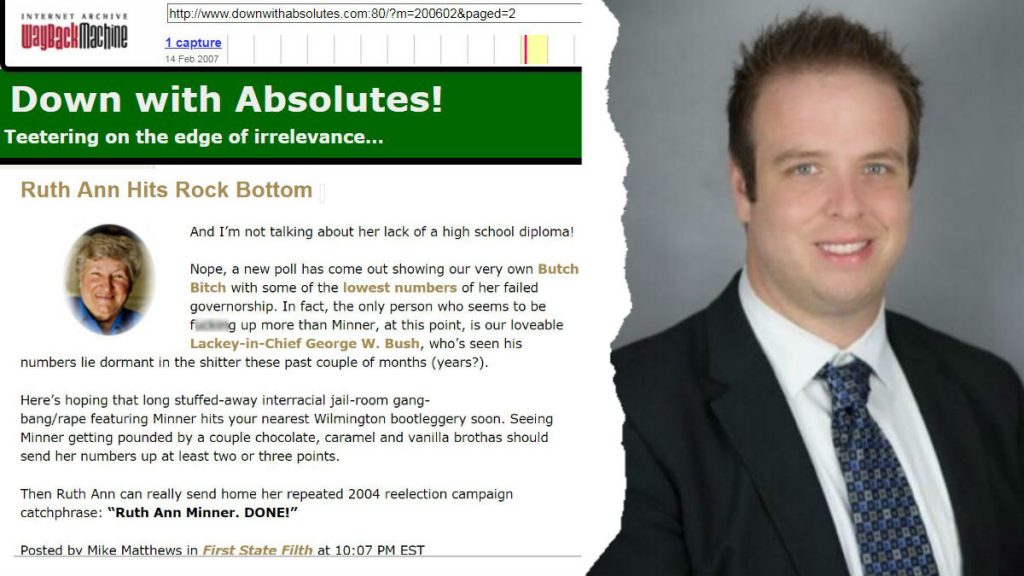 Matthews Blog2 Mike Matthews, president of the Delaware State Education Association since 2017, once had a blog called Down with Absolutes. Now some of his old inflammatory posts are being criticized as misogynistic and racist. (Screen grab from waybackmachine.org, Delaware State Education Association)