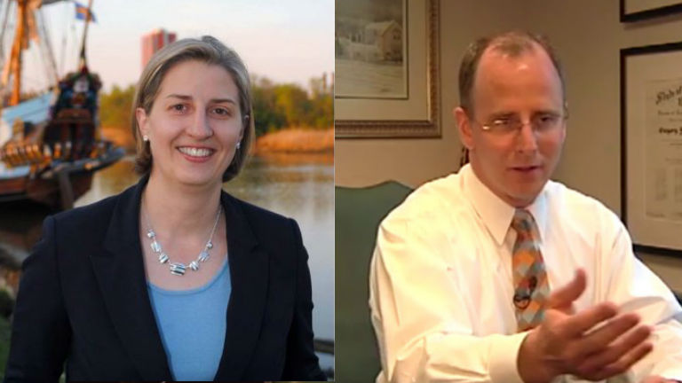 Mayrack Lavelle State Sen. Greg Lavelle (right) accuses state escheator Brenda Mayrack of an apparent conflict of interest for her political activity. (File/WHYY)
