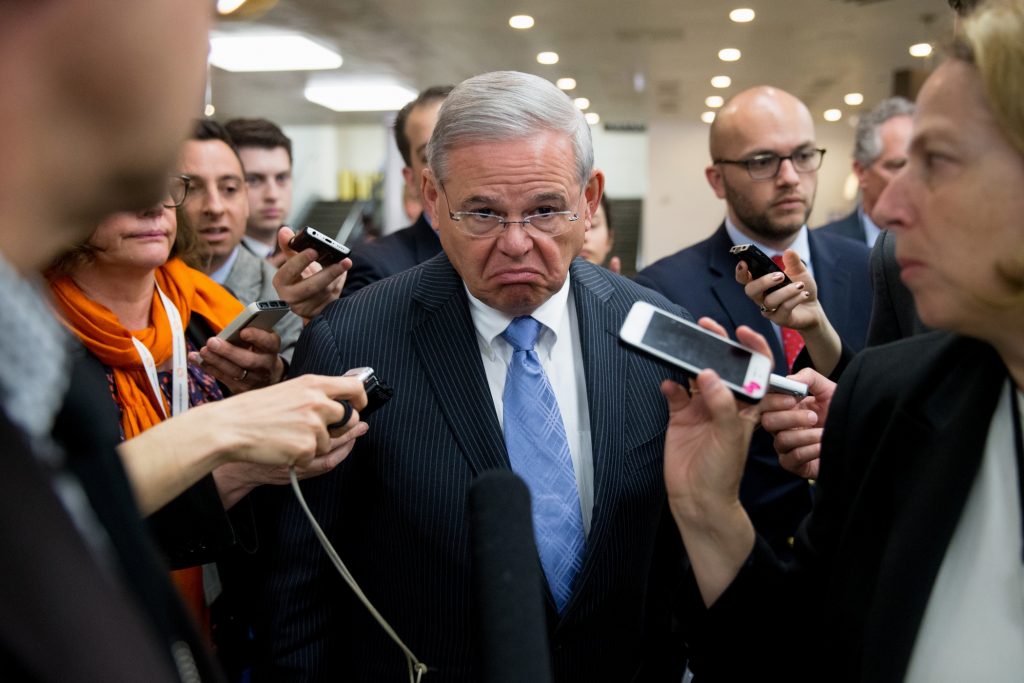Menendez Return to Senate Sen. Bob Menendez, D-N.J., speaks with reporters on Capitol Hill in Washington, Tuesday, April 14, 2015. Menendez took a business-as-usual approach Monday when he returned to Congress for the first time since his April 1 indictment on federal corruption charges.