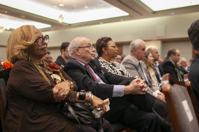 Glassboro, NJ - OCTOBER 18, 2018: A crow gather for Former New Jersey Governor Chris Christie first appearance since leaving office at an event titled The Future of the Republican Party at Rowan University. (Miguel Martinez for WHYY)
