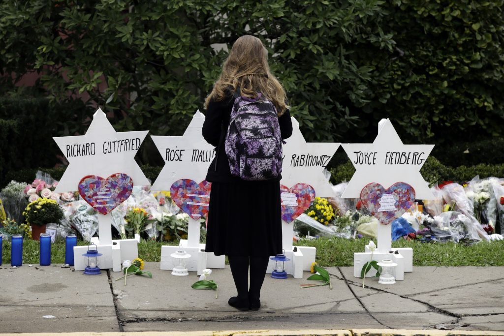 Shooting Synagogue Stars of David with the names of those killed in a deadly shooting at the Tree of Life Synagogue, stand in front of the synagogue in Pittsburgh, Monday, Oct. 29, 2018.