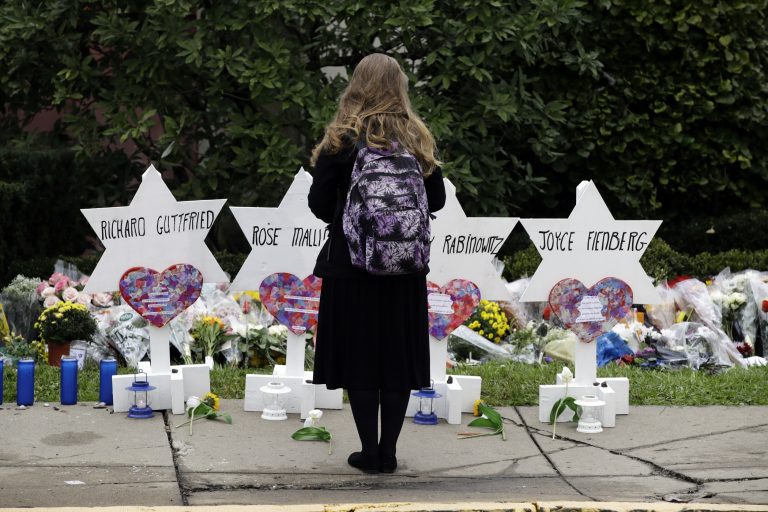 Stars of David with the names of those killed in a deadly shooting at the Tree of Life Synagogue, stand in front of the synagogue in Pittsburgh, Monday, Oct. 29, 2018.