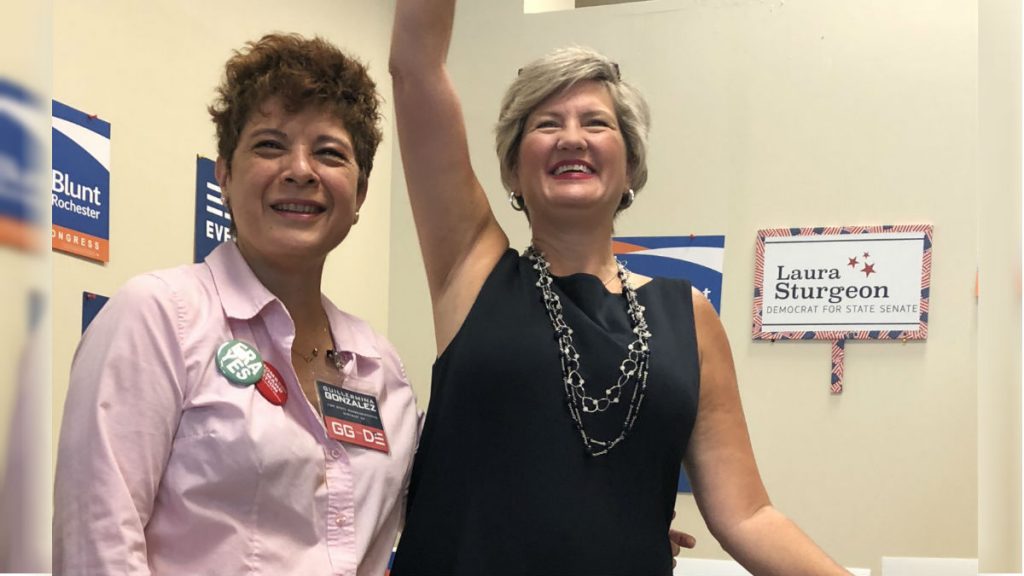 Guillermina Gonzalez and Laura Sturgeon Guillermina Gonzalez (left) and Laura Sturgeon are running for the Delaware House and Senate, respectively. Both candidates participated in a September gun control rally in Hockessin. (Cris Barrish/WHYY)