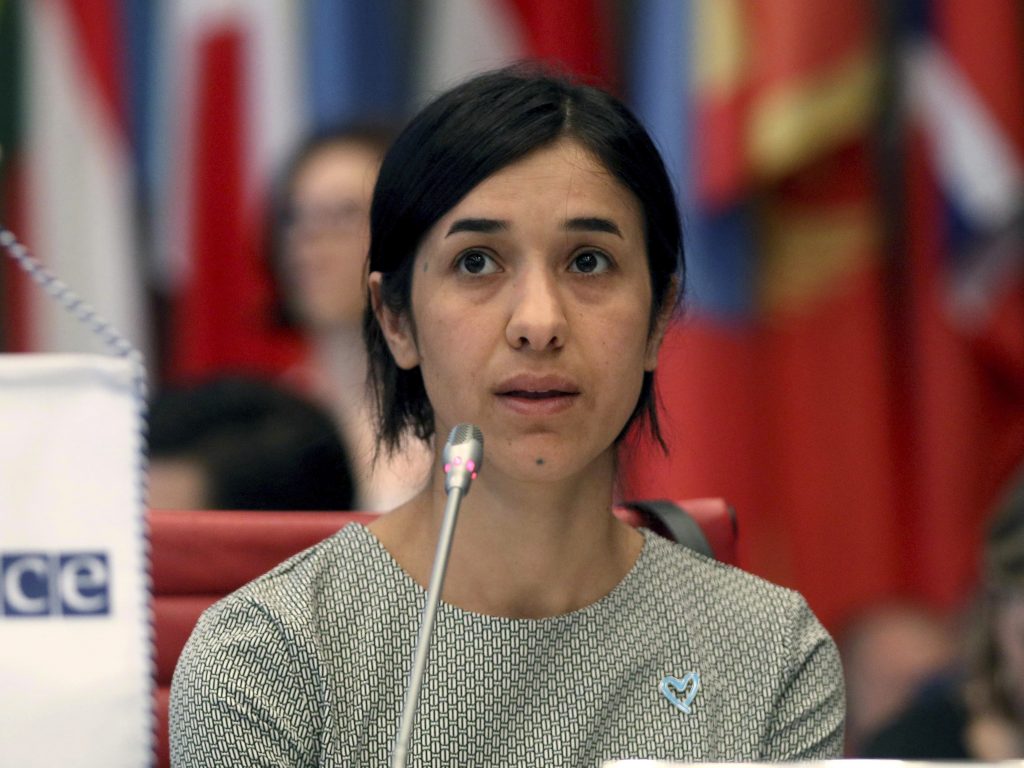 The 2018 Nobel Peace Prize has been awarded to Nadia Murad (pictured) and Dr. Denis Mukwege, a gynecologist from the Democratic Republic of the Congo, for their efforts to combat wartime sexual assault. The 2018 Nobel Peace Prize has been awarded to Nadia Murad (pictured) and Dr. Denis Mukwege, a gynecologist from the Democratic Republic of the Congo, for their efforts to combat wartime sexual assault. (Ronald Zak/AP)