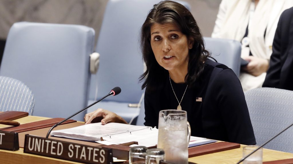U.S. Ambassador Nikki Haley addresses the United Nations Security Council, Monday, Sept. 17, 2018, at U.N. headquarters. (Richard Drew/AP Photo)