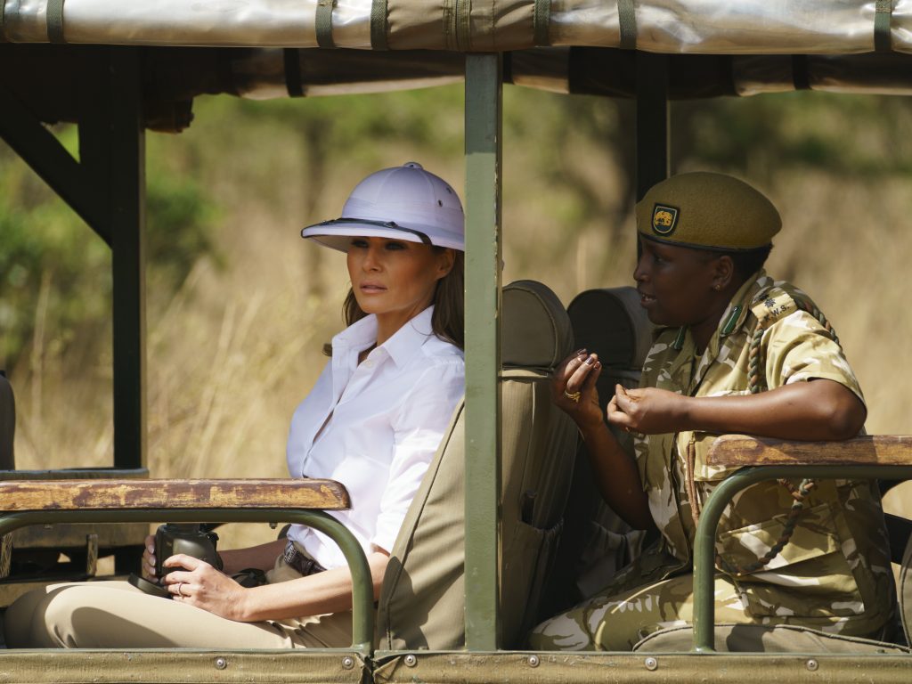 First lady Melania Trump looks out over Nairobi National Park in Nairobi, Kenya. Critics say the pith helmet she’s wearing is a symbol of colonialist attitudes. First lady Melania Trump looks out over Nairobi National Park in Nairobi, Kenya. Critics say the pith helmet she's wearing is a symbol of colonialist attitudes. (Carolyn Kaster/AP)