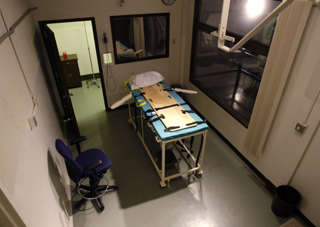 “We are confident that the association between race and the death penalty is not attributed to random chance,” the state’s supreme court justices wrote in a majority opinion. In this Nov. 20, 2008, file photo, the execution chamber at the Washington State Penitentiary is shown with the witness gallery behind glass at right, in Walla Walla, Wash. (Ted S. Warren/AP Photo, File)