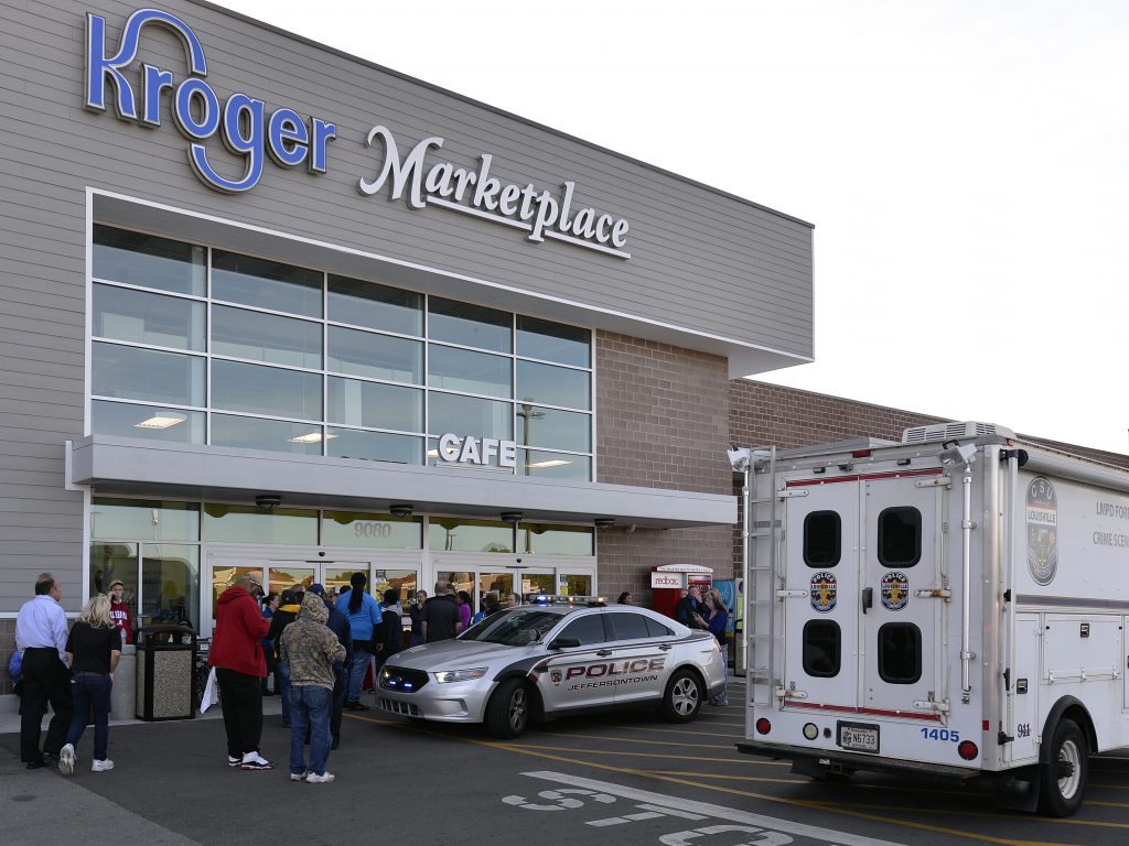 The scene outside a Kroger supermarket following a shooting that left two people dead last Wednesday in Jeffersontown, Ky. Many have labeled the attack a hate crime. The scene outside a Kroger supermarket following a shooting that left two people dead last Wednesday in Jeffersontown, Ky. Many have labeled the attack a hate crime. (Timothy D. Easley/AP)