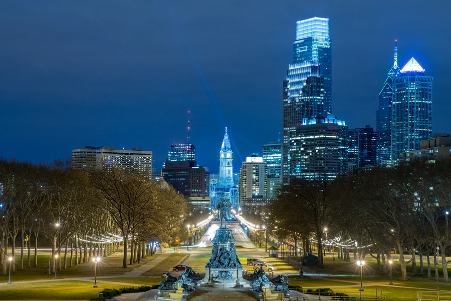 bigstock–177441595 Night skyline of the Benjamin Franklin Parkway. (Big Stock photo)