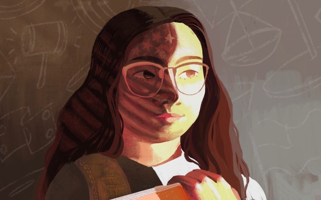 Young Asian-American student holding books at chalkboard. (Deborah Lee/NPR) 