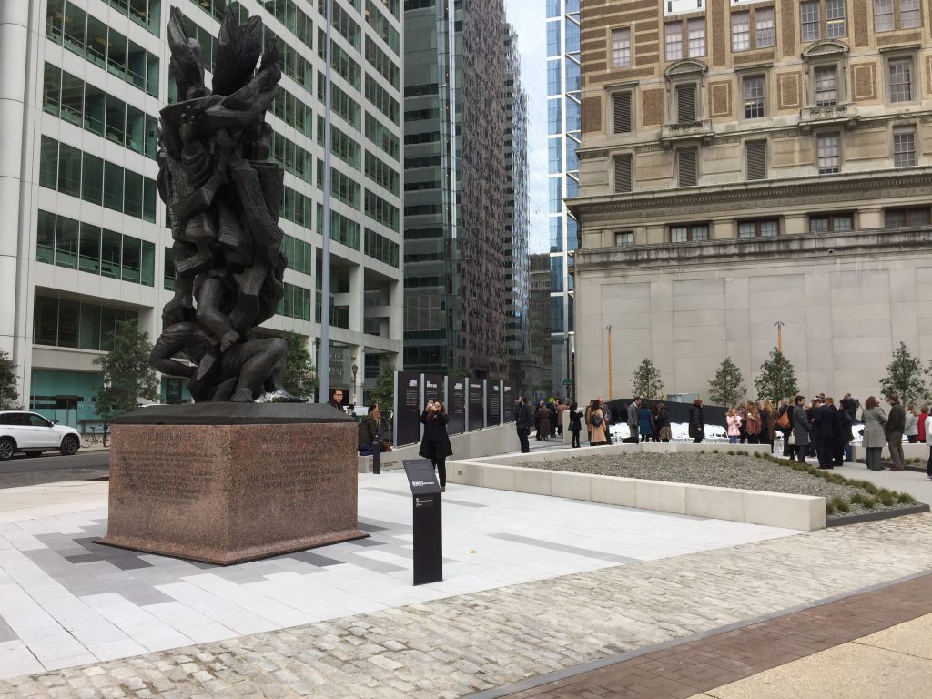 file The plaza at 16th Street and Benjamin Franklin Parkway in Center City Philadelphia surrounds a bronze statue installed in 1964. The statue is America’s oldest public Holocaust memorial. (Avi Wolfman-Arent/WHYY)