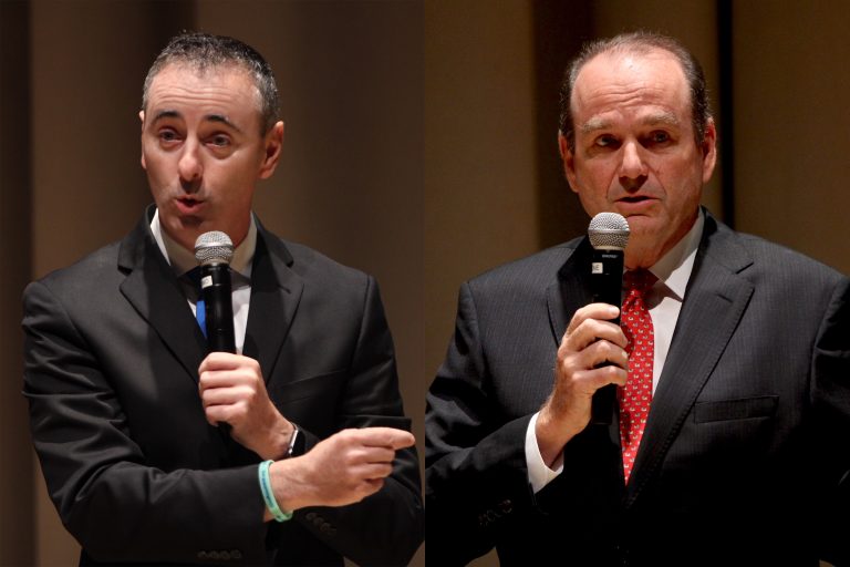 fitzpatrick-wallace-768×512 Candidates for Pennsylvania's 1st Congressional District, incumbent Republican Brian Fitzpatrick (left) and Democrat Scott Wallace. (Emma Lee/WHYY)