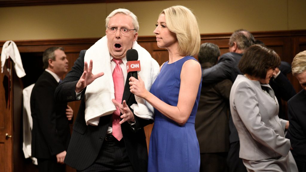 Beck Bennett as Sen. Mitch McConnell, Heidi Gardner as Dana Bash on Saturday Night Live on Saturday. Beck Bennett as Sen. Mitch McConnell, Heidi Gardner as Dana Bash on <em>Saturday Night Live</em> on Saturday. (Getty Images)