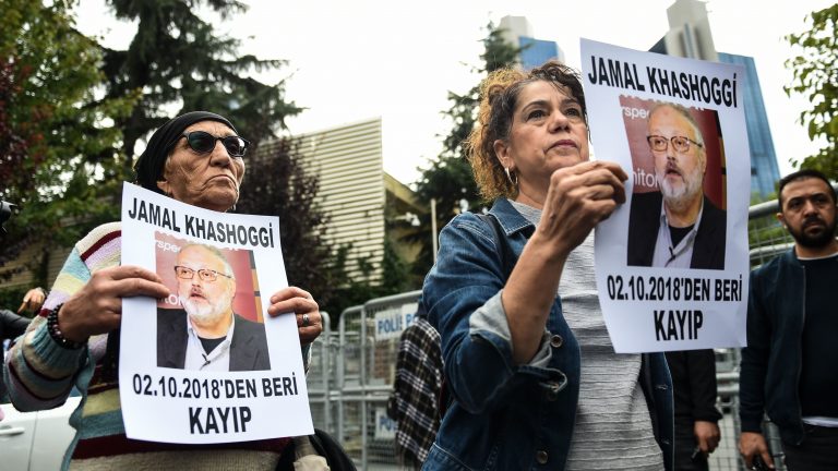 gettyimages-1047991812_wide-542b75aaf63ac06198ee061543f6632bc25b9ce6-768×432 Protestors hold portraits of missing journalist Jamal Khashoggi outside Saudi Arabia's consulate in Istanbul. Khoshoggi disappeared upon visiting the consulate two weeks ago. (Bulent Kilic/AFP/Getty Images)