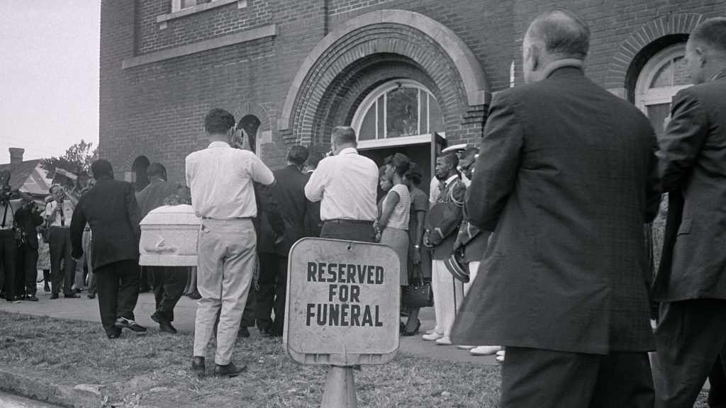 A white casket containing the body of 14-year-old Carol Robertson, one of four young African-American girls killed in the 16th Street Baptist Church bombing by Ku Klux Klan members, is carried in for funeral services in 1963 in Birmingham, Ala. A white casket containing the body of 14-year-old Carol Robertson, one of four young African-American girls killed in the 16th Street Baptist Church bombing by Ku Klux Klan members, is carried in for funeral services in 1963 in Birmingham, Ala. (Bettmann/Bettmann Archive via Getty Images)