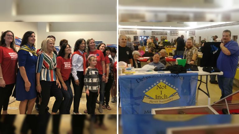 (At left) Members of Mom Demand Action pose with Democratic lawmakers and candidates; (right), Delaware Gun Rights members man a table at a recent gun show. Founder Mitch Denham is at far right of photo. (Cris Barrish/WHYY; Courtesy of Mitch Denham)