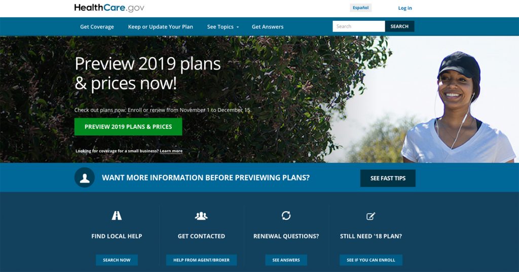Open enrollment for 2019 health plans begins Nov. 1 on HealthCare.gov and on most state insurance exchanges. Open enrollment for 2019 health plans begins Nov. 1 on HealthCare.gov and on most state insurance exchanges. (Healthcare.gov via Screenshot by NPR)