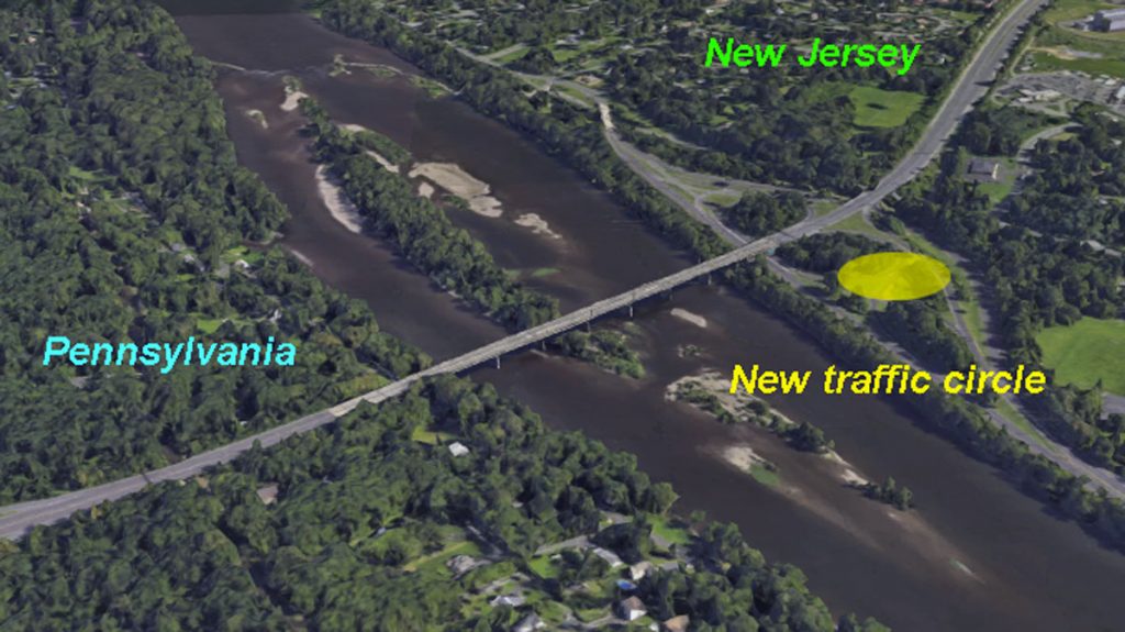 location-of-traffic-circle The traffic circle, highlighted as a yellow circle, connects southbound I-295 to Route 29 in New Jersey. This is part of the major overhaul of the intersections in the area as they build a new Scudder Falls bridge. (Google Earth image)