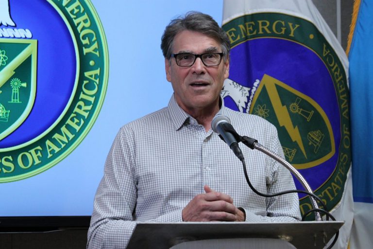 U.S. Energy Secretary Rick Perry answers questions during a media availability following a tour of Sandia National Laboratories in Albuquerque, N.M., on Tuesday, Oct. 9, 2018. (Susan Montoya Bryan/AP Photo)