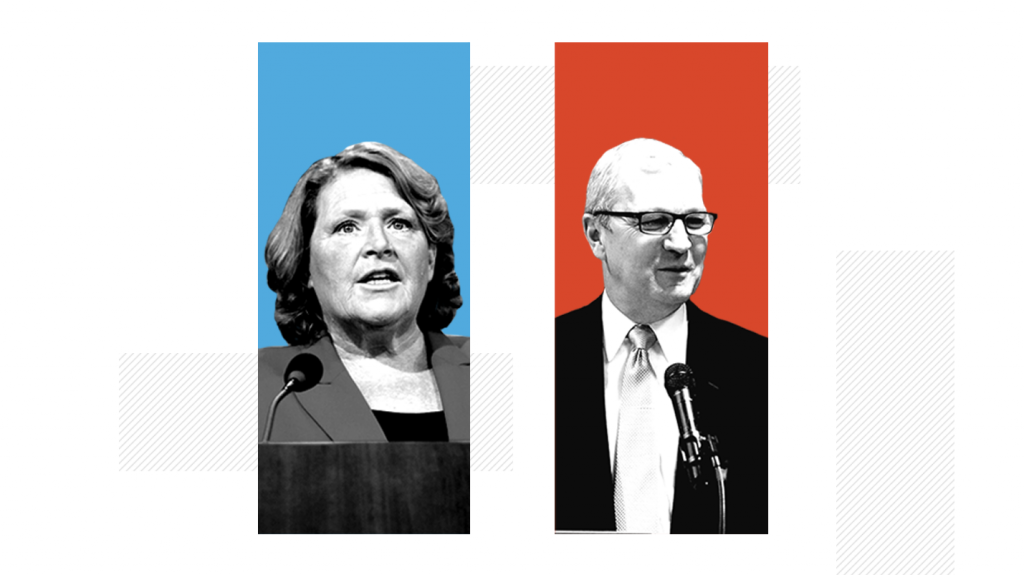 North Dakota senate race Photos: Courtesy of Heidi Heitkamp and Kevin Cramer campaigns; Illustration: Renee Klahr/NPR