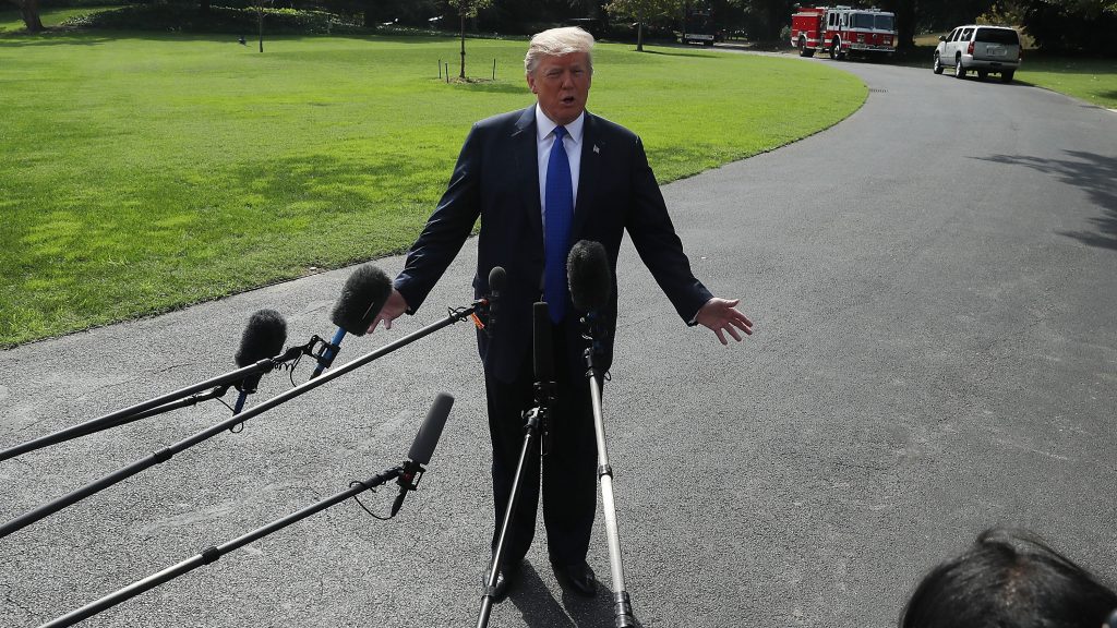 President Donald Trump speaks to the media before departing from the White House en route to speak with electrical workers in Philadelphia, Penn. President Donald Trump speaks to the media before departing from the White House en route to speak with electrical workers in Philadelphia, Penn