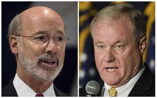 This combination of October 2017 file photos shows Pennsylvania gubernatorial candidates Democrat Gov. Tom Wolf, (left), and Republican Scott Wagner. (Matt Rourke/AP Photo, file)