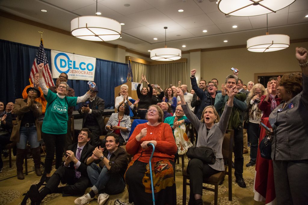 11 06 2018-e cohen – crowd – mary gay scanlon watch party-14 Hundreds of supporters came out to support various Pennsylvania Democratic candidates at the official watch party for Mary Gay Scanlon in Swarthmore, Pa on November 6th 2018. (Emily Cohen for WHYY)