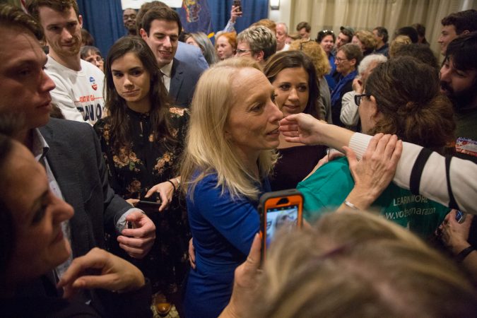 Mary Gay Scanlon greets supporters after her victory in Pennsylvania's 5th congressional district on November 6, 2018. (Emily Cohen for WHYY)