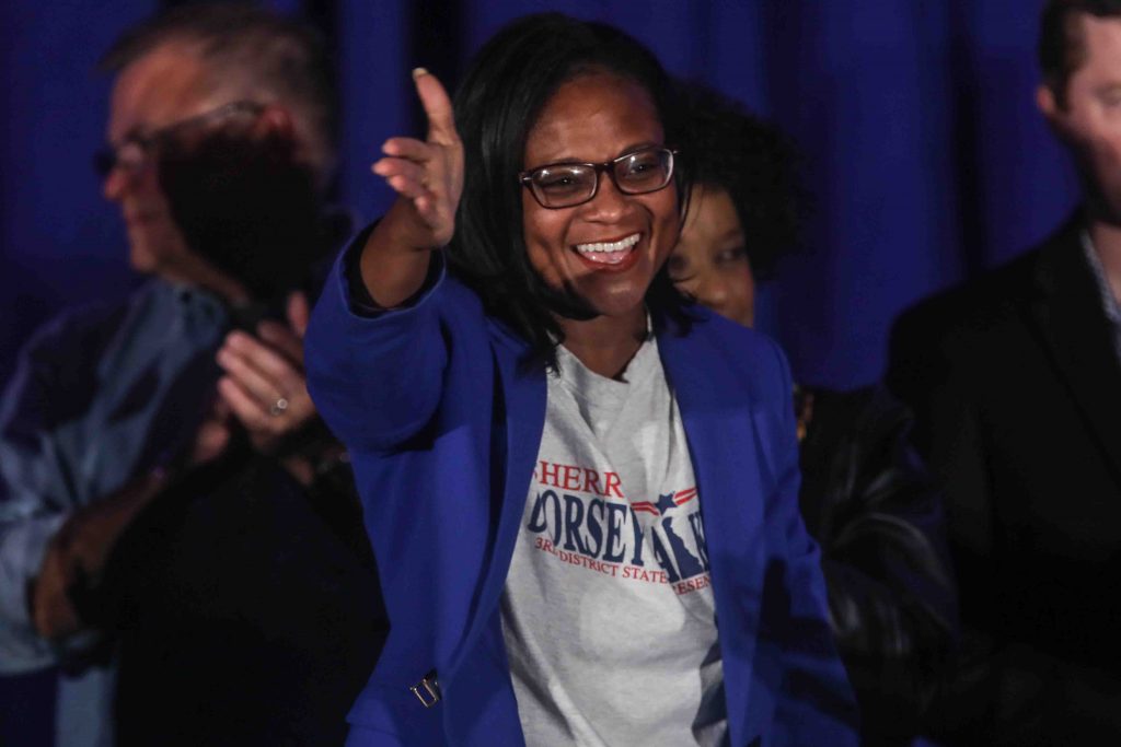 State representative elect Sherry Dorsey Walker greets Delaware state Rep.-elect Sherry Dorsey Walker greets supporters in 2018 at the Doubletree Hotel in Wilmington. (Saquan Stimpson for WHYY)