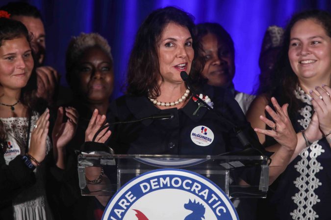 State Auditor elect Kathleen McGuiness addresses supporters during Democrat watch party Tuesday, Nov. 06, 2018, at the Doubletree Hotel in Wilmington, Delaware. (Saquan Stimpson for WHYY)
