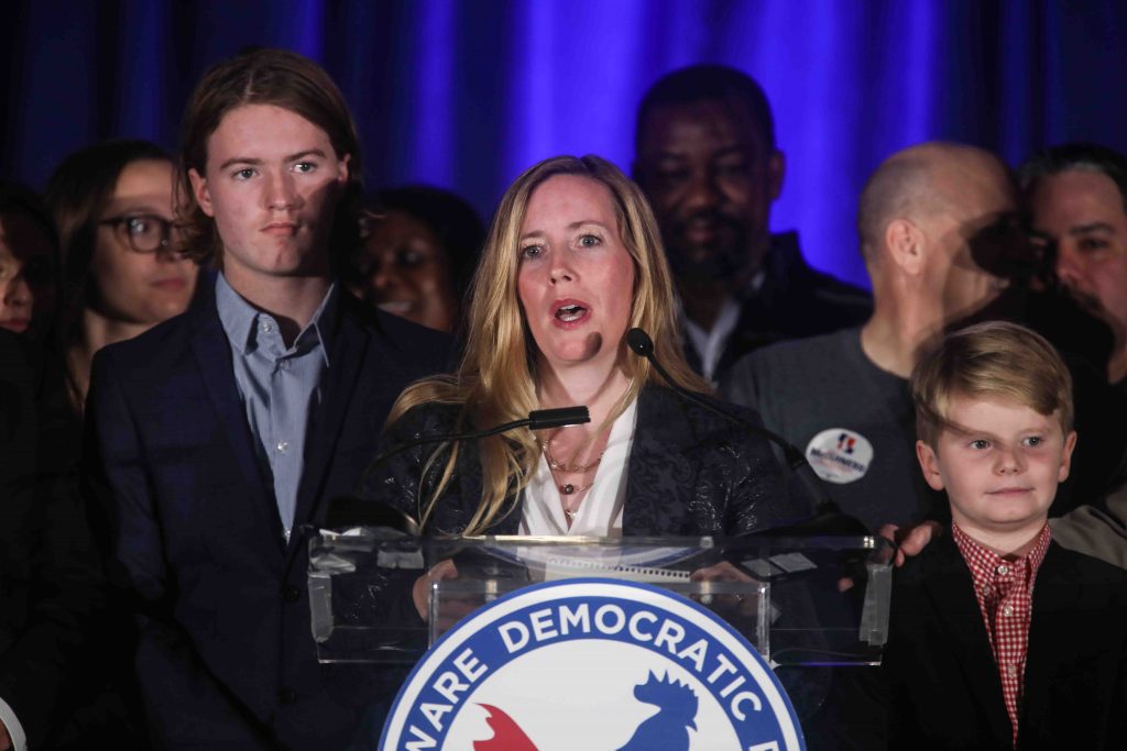 State Treasurer elect Colleen Davis addresses supporters during Democrat Watch Party Tuesday, Nov. 06, 2018 State Treasurer-elect Colleen Davis had her driving license suspended for the fourth time during the campaign against incumbent Ken Simpler. (Saquan Stimpson for WHYY)