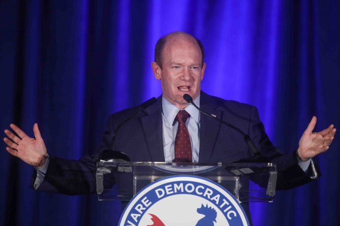Senator Chris Coons speaks during Democrat watch party Tuesday, Nov. 06, 2018, at the Doubletree Hotel in Wilmington, Delaware. (Saquan Stimpson for WHYY)