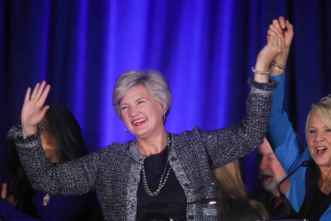 State senator elect Laura Sturgeon address supporters during Democrat watch party Tuesday, Nov. 06, 2018, at the Doubletree Hotel in Wilmington, Delaware. (Saquan Stimpson for WHYY)