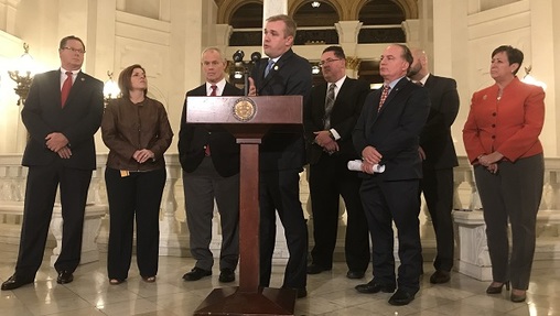 The new lineup of House Republican leaders addresses reporters. (Katie Meyer/WITF)