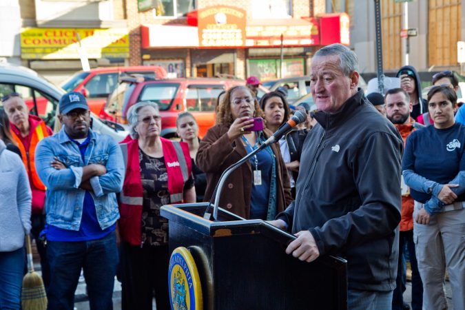 Philadelphia Mayor Jim Kenney describes the city’s efforts to clean up Kensington Thursday morning. (Kimberly Paynter/WHYY)