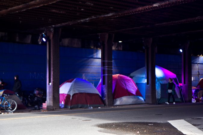 The city of Philadelphia is once again clearing out camps of people in Kensington like the one at Frankford and Lehigh Avenues. (Kimberly Paynter/WHYY)