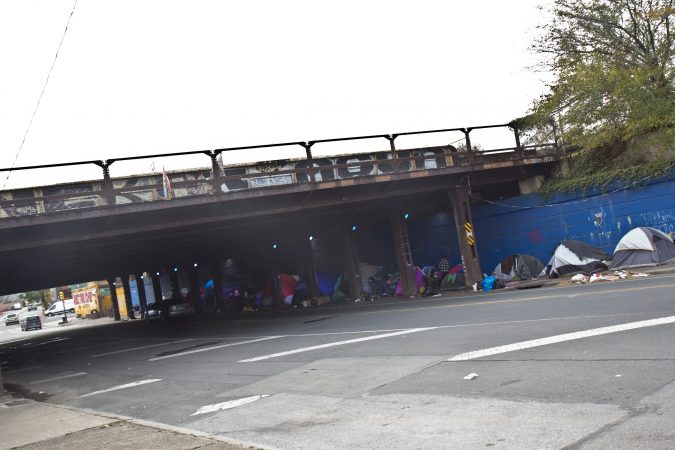 The city of Philadelphia is once again clearing out camps of people in Kensington like the one at Frankford and Lehigh Avenues. (Kimberly Paynter/WHYY)