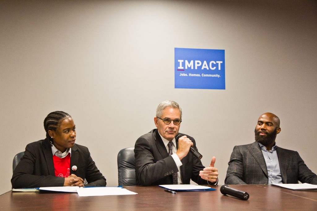 2018 11 26 k paynter no cash bail-3 Philadelphia District Attorney Larry Krasner speaks at a “No Cash Bail” event with bail navigator LaTonya Myers and Eagles safety Malcolm Jenkins.(Kimberly Paynter/WHYY)