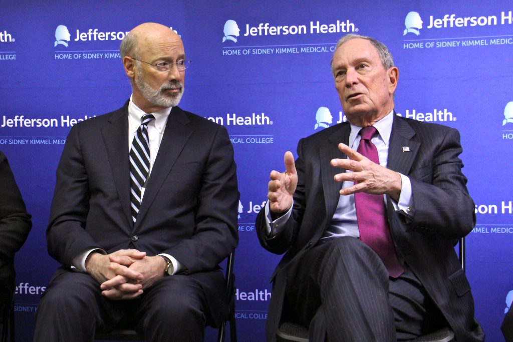 2018 11 30-e lee-tom wolf michael bloomberg-philadelphia jefferson health-10 million for opioid treatment Former New York City Mayor Michael Bloomberg (right) talks about his $10 million donation to help Pennsylvania combat the opioid crisis during a visit to Thomas Jefferson Maternal Addiction Treatment clinic. He is accompanies by Gov. Tom Wolf.