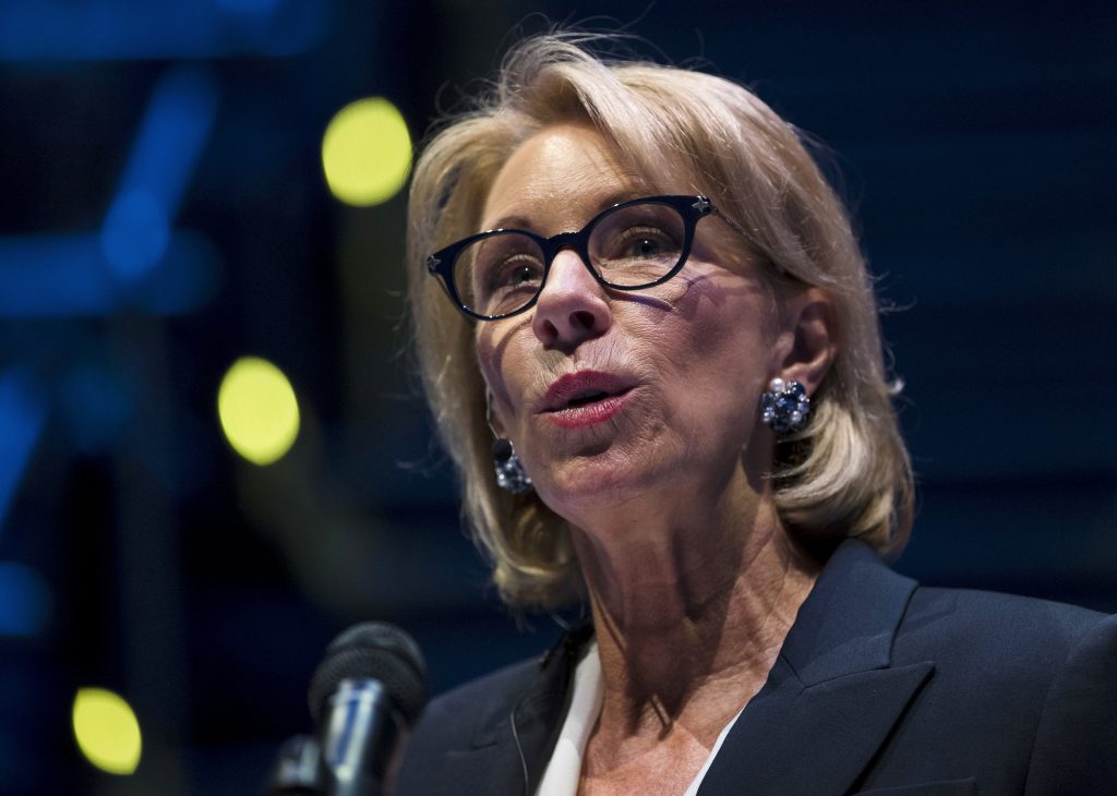 Education Secretary Betsy DeVos speaks during a student town hall at National Constitution Center in Philadelphia, Monday, Sept. 17, 2018. (Matt Rourke/AP Photo)