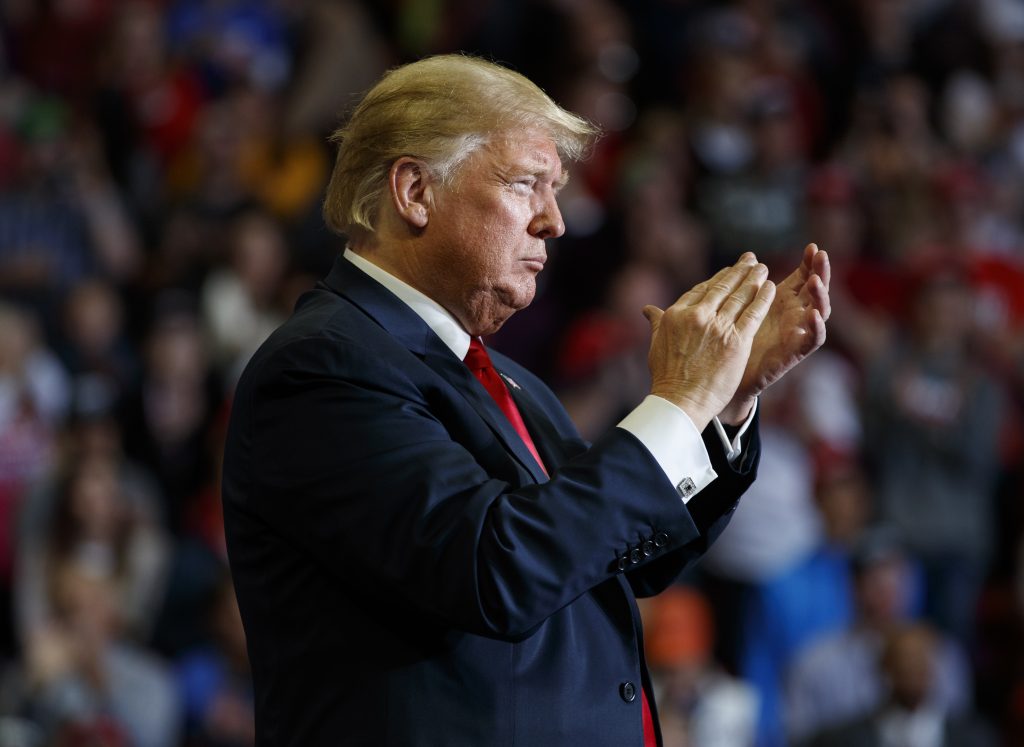 Donald Trump President Donald Trump applauds during a rally at Show Me Center, Monday, Nov. 5, 2018, in Cape Girardeau, Mo. (Carolyn Kaster/AP Photo)