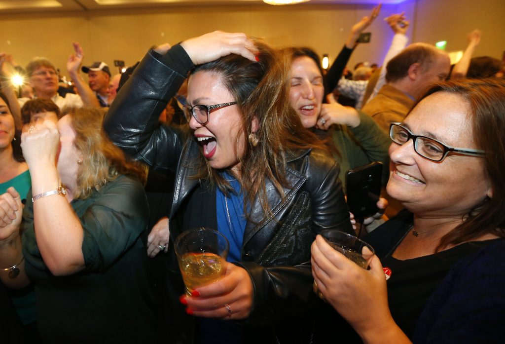 Election 2018 House New Jersey Supporters cheer for Tom Malinowski, during his election night party Tuesday, Nov. 6, 2018, in Berkeley Heights, N.J. (Noah K. Murray/AP Photo)