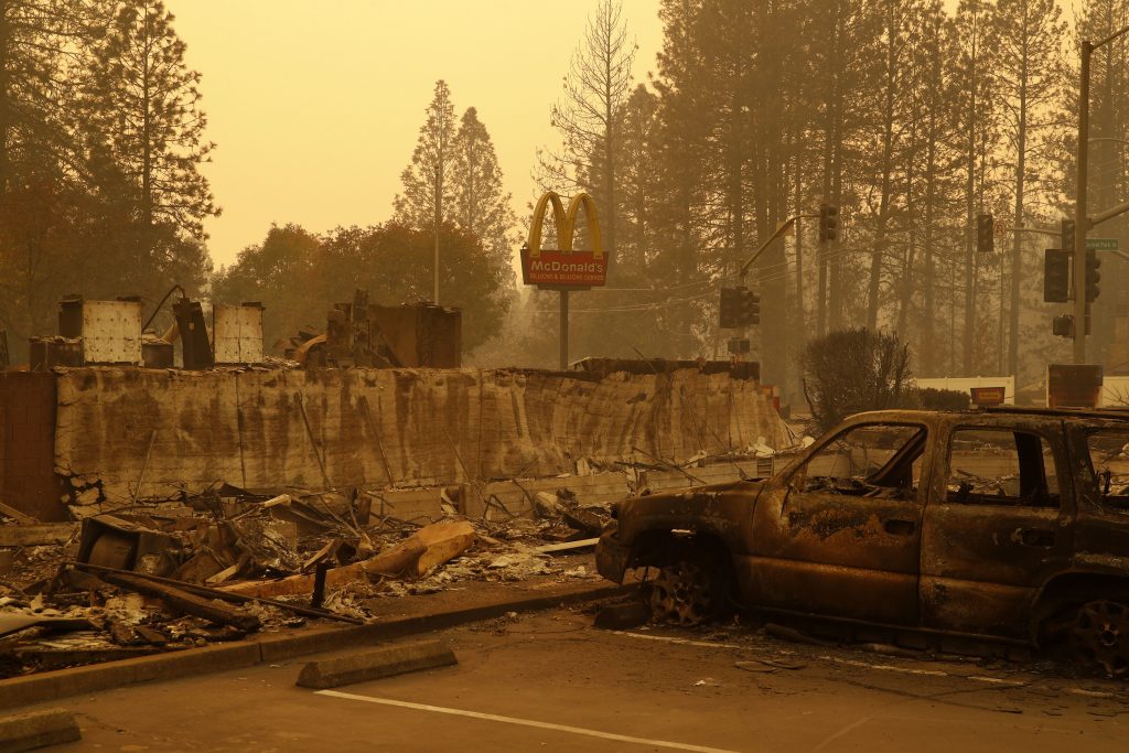 Northern California Wildfire A sign still stands at a McDonald's restaurant burned in the Camp Fire, Monday, Nov. 12, 2018, in the northern California town of Paradise. (John Locher/AP)