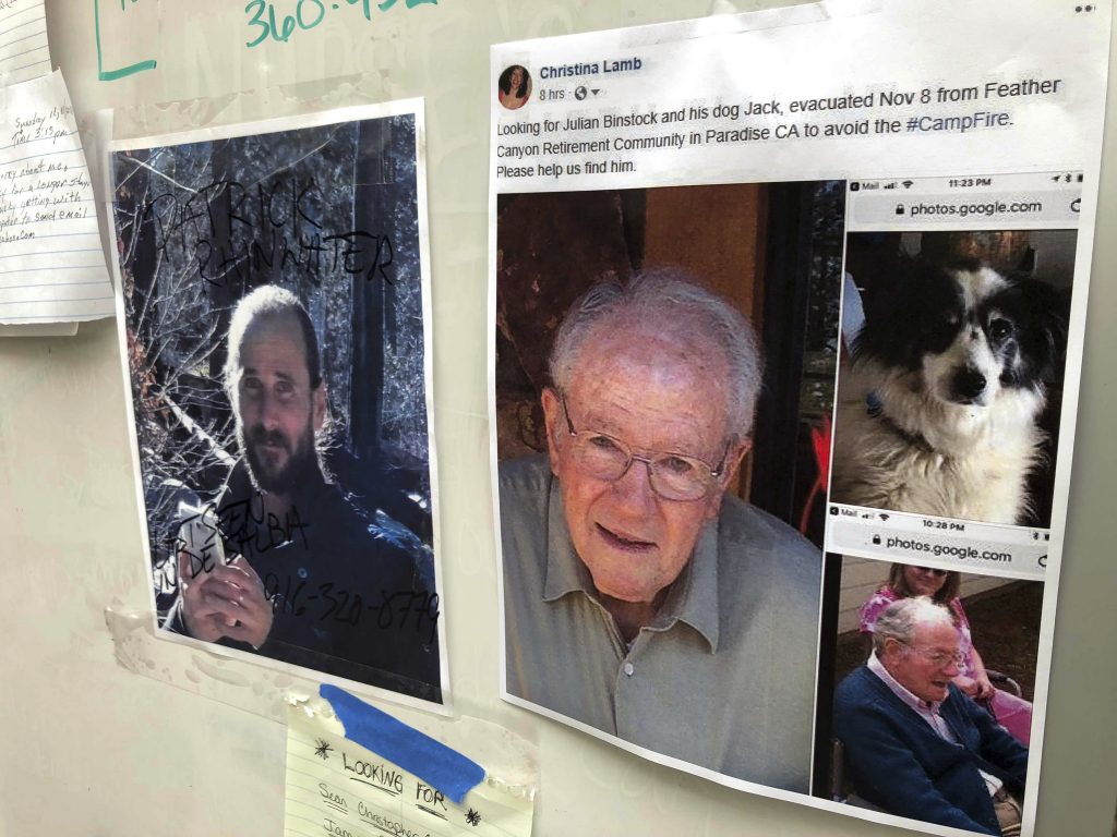 California Wildfires Messages are shown on a bulletin board at The Neighborhood Church in Chico, Calif., on Tuesday, Nov. 13, 2018. Numerous postings fill the message board as evacuees, family and friends search for people missing from the northern California wildfire. (Gillian Flaccus/AP)