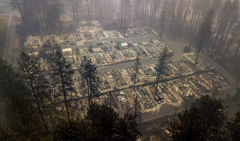 California Wildfires Residences leveled by the wildfire line a neighborhood in Paradise, Calif., on Thursday, Nov. 15, 2018. The California Department of Forestry and Fire Protection said Thursday the wildfire that destroyed the town of Paradise is now 40 percent contained, up from 30 percent Wednesday morning. (Noah Berger/AP Photo)