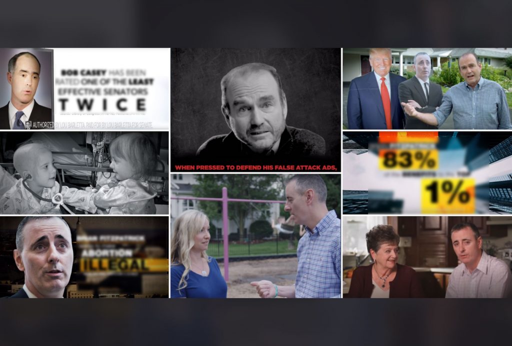 Campaign-ad-collage-1920×940 These screen shots of political ads for the 2018 election come from the campaigns for Lou Barletta, Bob Casey, Brian Fitzpatrick and Scott Wallace.