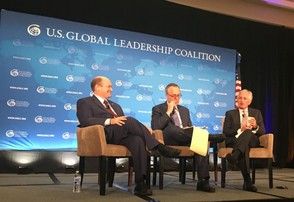 Coons Corker U.S. Sen. Chris Coons, a Democrat of Delaware talks with the Washington Post's Michael Gerson and Republican Sen. Bob Corker of Tennessee at the U.S. Global Leadership forum in Wilmington Friday. (Mark Eichmann/WHYY)