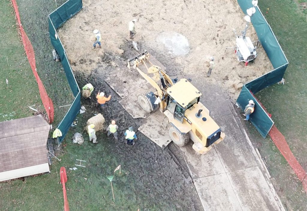 DJI_0116_cropped-e1534460664185x1200 Crews work to stabilize sinkholes in a West Whiteland Township, Chester County neighborhood on March 3. The sinkholes appeared near a construction site for the Mariner East 2 pipeline. (Eric Friedman)