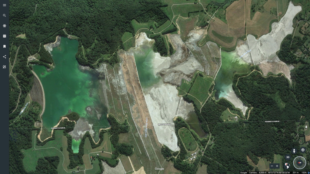 Screenshot-2018-07-19-22.50.53-1920×1080 Little Blue Run coal ash pond, on the Pennsylvania-West Virginia border. (Google Earth)