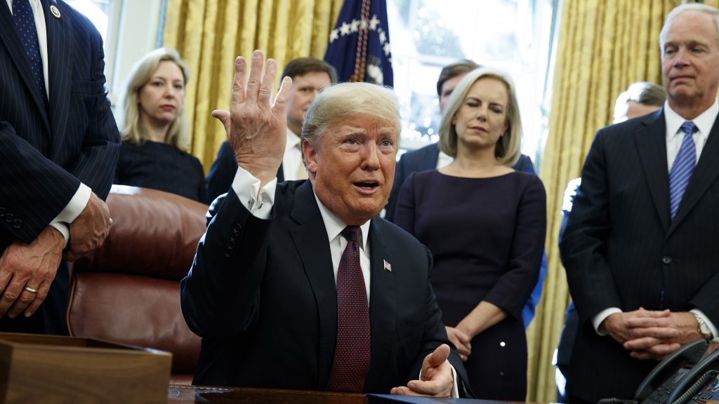 President Trump answers a reporter’s question about the investigation of special counsel Robert Mueller during a bill signing ceremony in the Oval Office Friday. President Trump answers a reporter's question about the investigation of special counsel Robert Mueller during a bill signing ceremony in the Oval Office Friday. (Evan Vucci/AP)